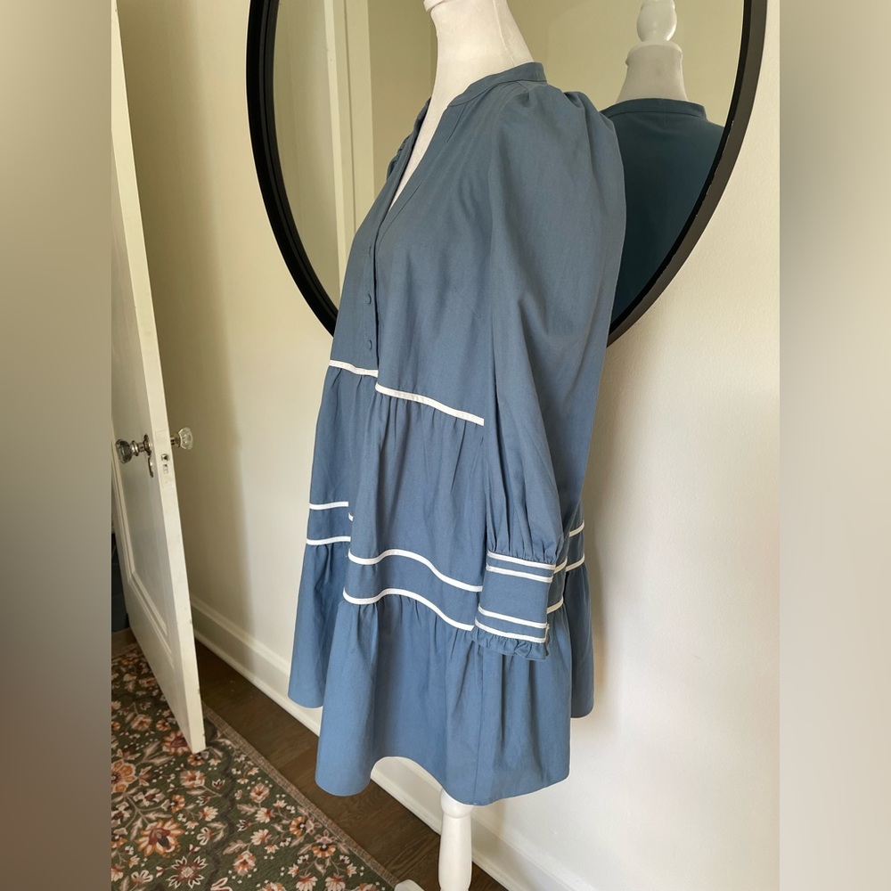 Pomander Place Blue Long Sleeve Tiered V-Neck Dress with White Trim - Picture 8 of 10
